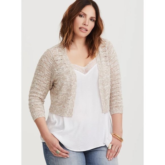 torrid Sweaters - Torrid Ivory & Natural Pointelle Knit Shrug